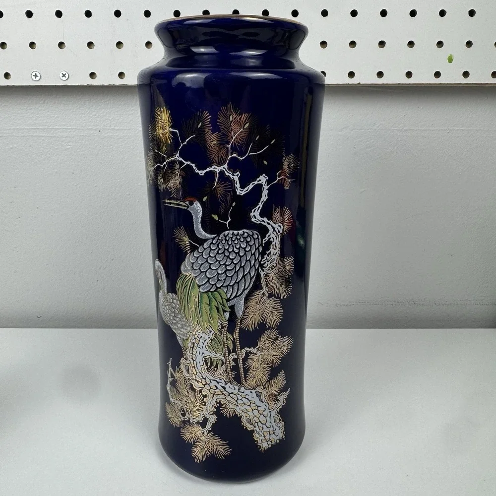 Vtg 1960s Cobalt Blue Japanese Crane Vase Gold Trim Porcelain Japan 11